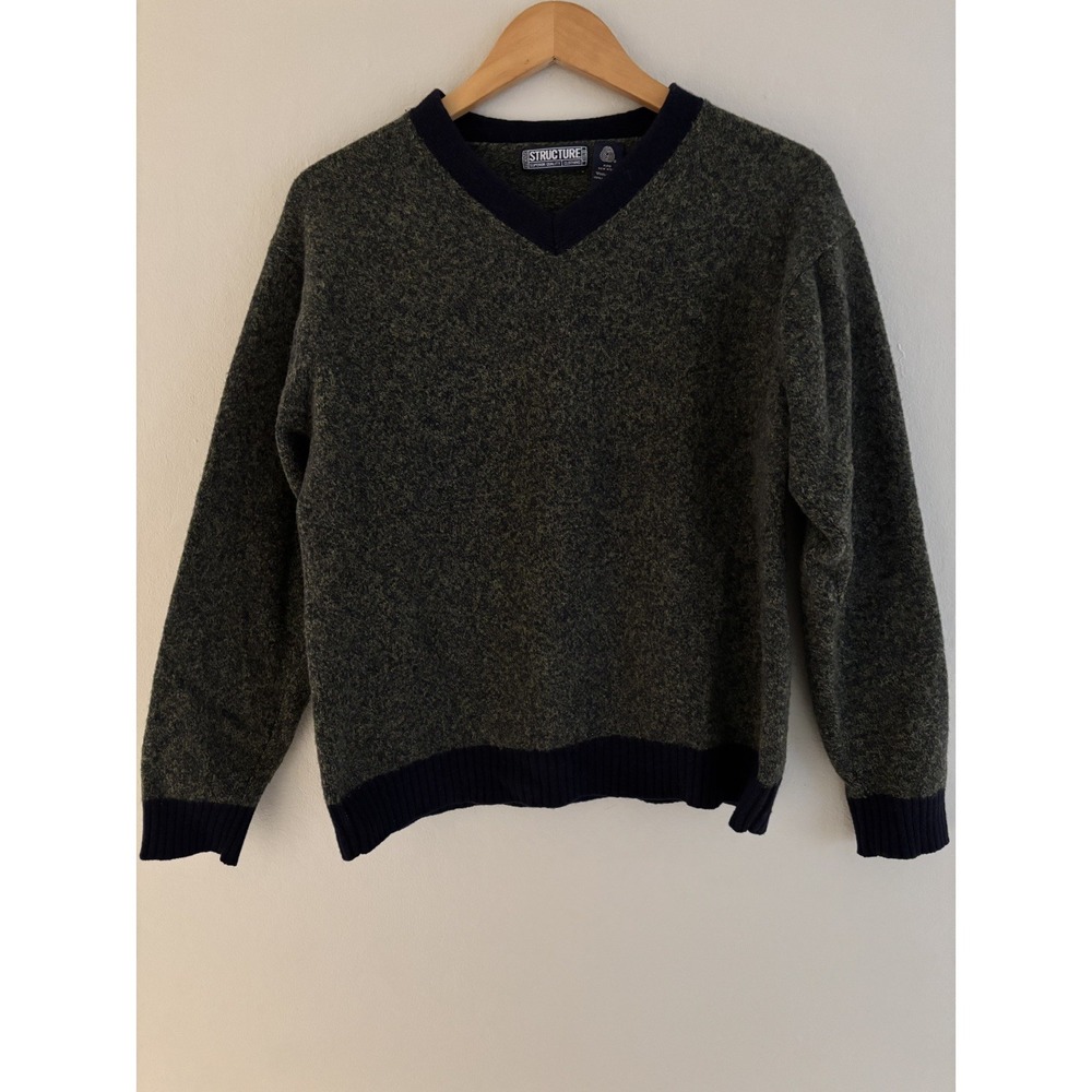 VTG Men's Structure 100% Pure wool V-neck Sweater‎ Marled Knit Preppy Varsity M